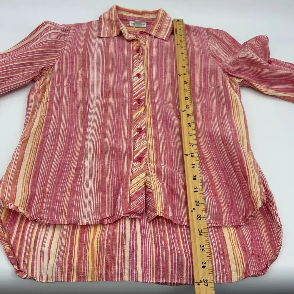 COLDWATER CREEK Linen Striped Shirt Size M 3/4 Sleeve Top Shirt Tail Hem Sunset